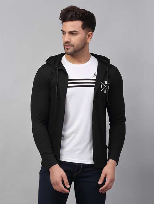 men black back print hooded cotton full sleeve cardigan - 21143592 -  Standard Image - 0