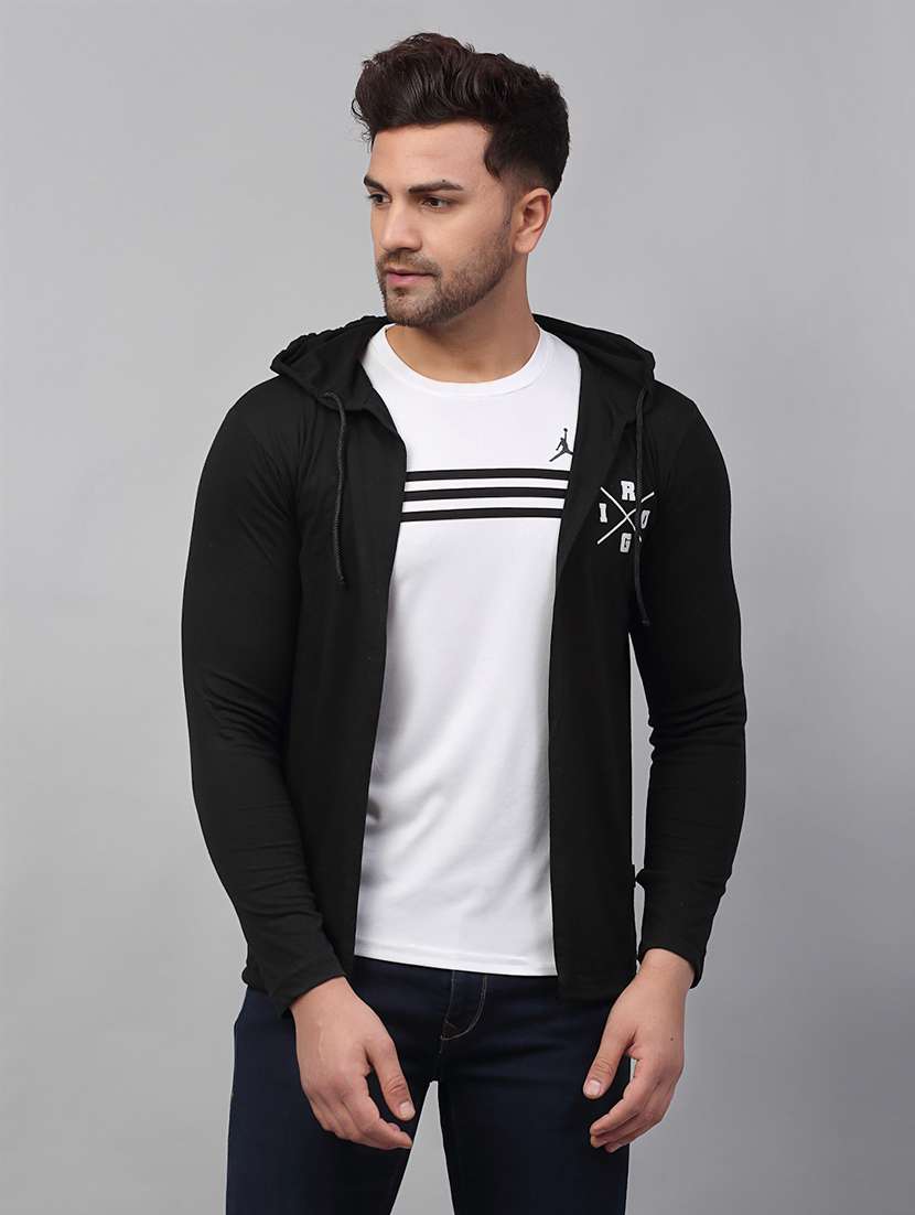 men black back print hooded cotton full sleeve cardigan