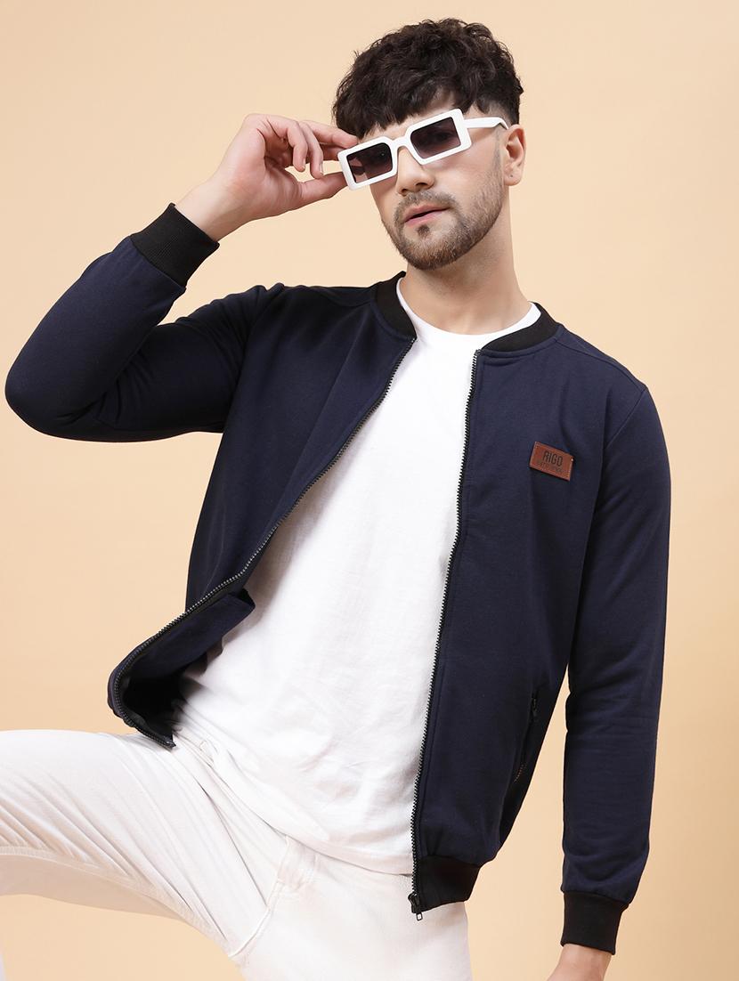 men navy blue solid long sleeve casual jacket - 21143598 - Standard Image - 3