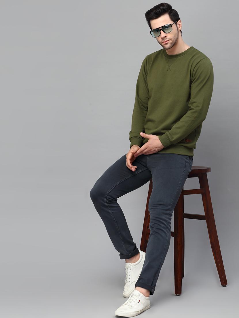 solid olive green round neck sweatshirt - 21143726 - Standard Image - 3