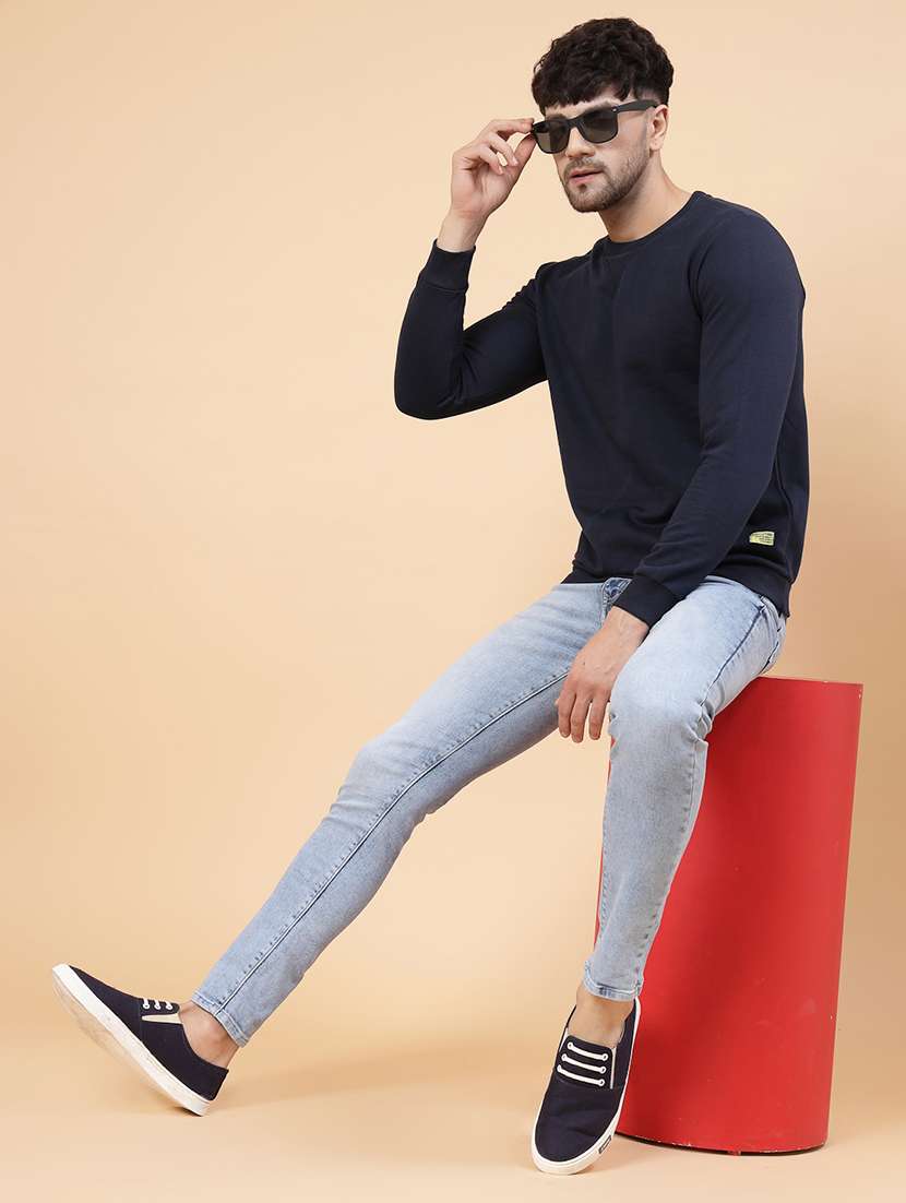 solid navy blue round neck sweatshirt - 21143729 -  Standard Image - 3