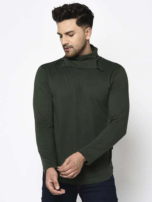 men olive plain t-shirt with attached face mask - 21143752 -  Standard Image - 0