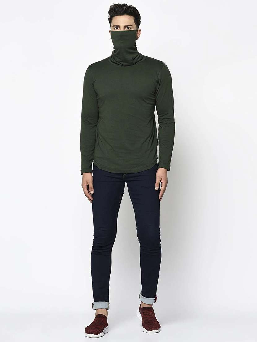men olive plain t-shirt with attached face mask - 21143752 -  Standard Image - 3