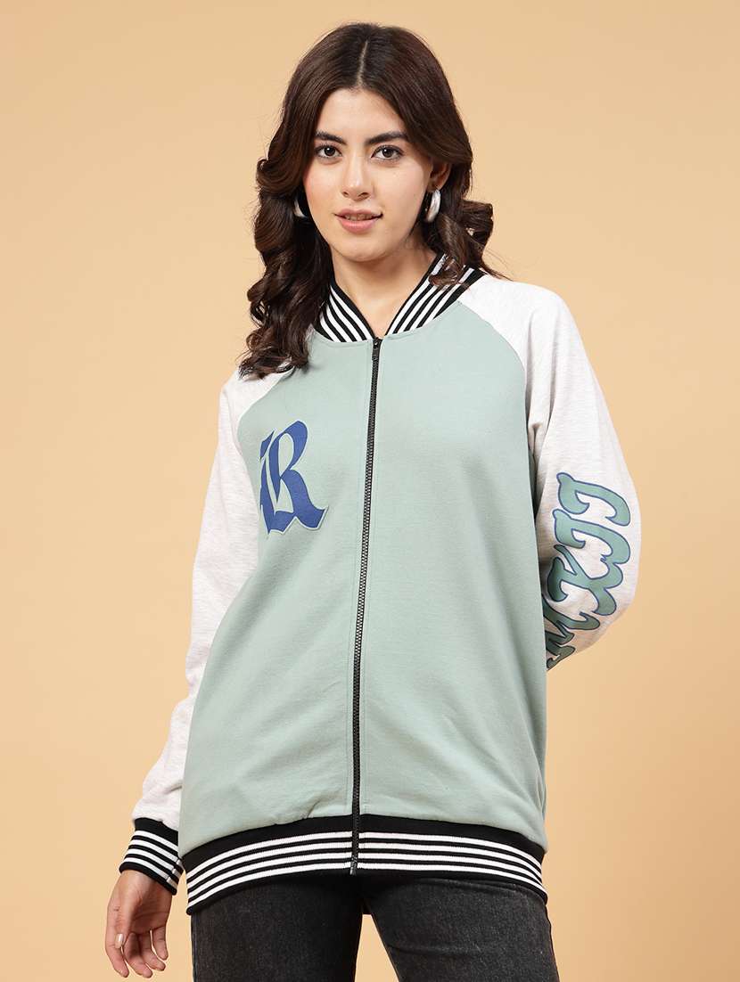 light blue fleece colourblocked varsity jacket 