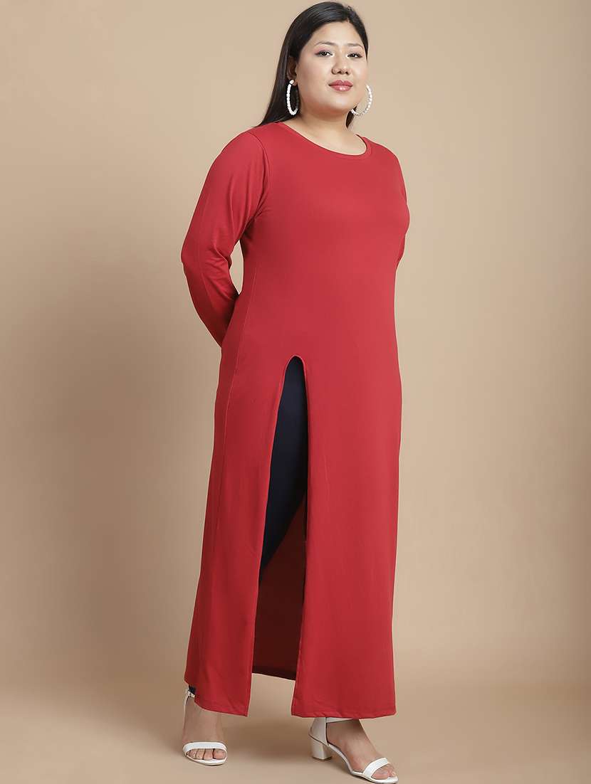 maroon cotton blend high slit tunic - 21144760 - Standard Image - 3