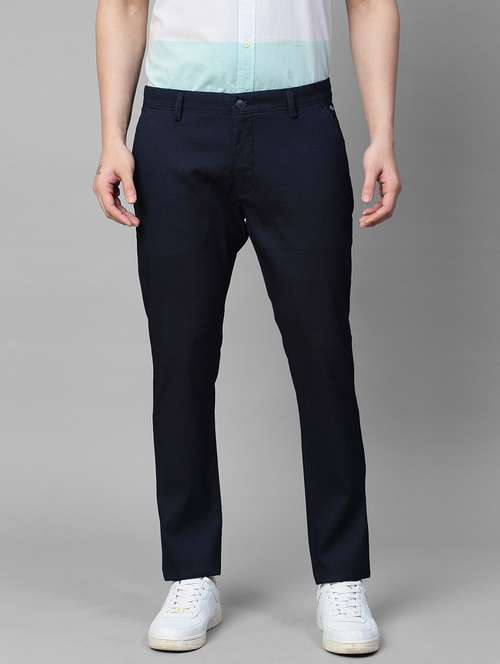 men navy blue solids flat front casual trousers - 21144880 -  Standard Image - 0