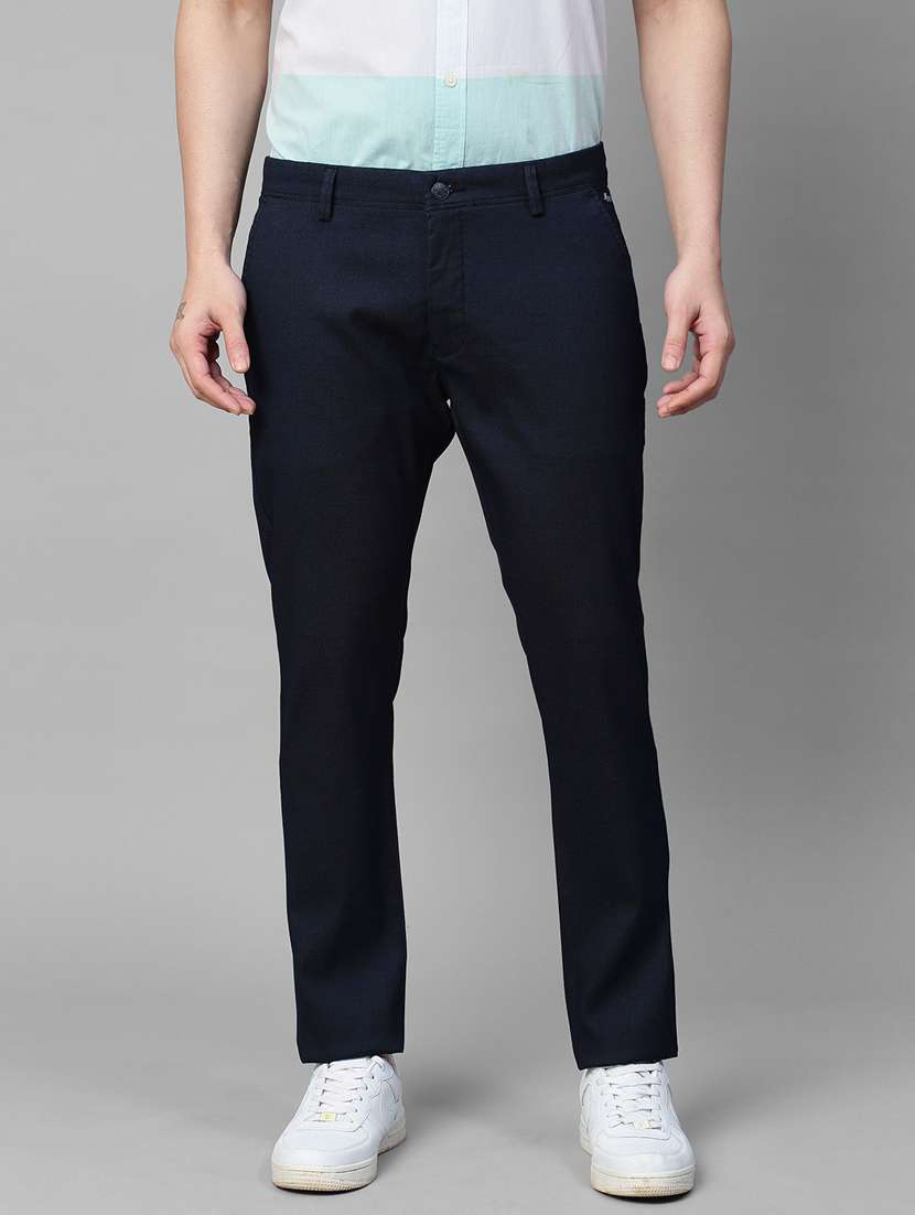men navy blue solids flat front casual trousers - 21144880 -  Zoom Image - 0