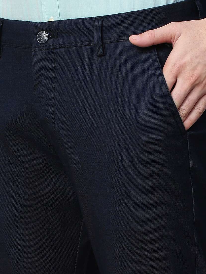 men navy blue solids flat front casual trousers - 21144880 - Standard Image - 5