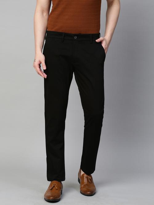 men black solids flat front casual trousers - 21144905 - Standard Image - 0