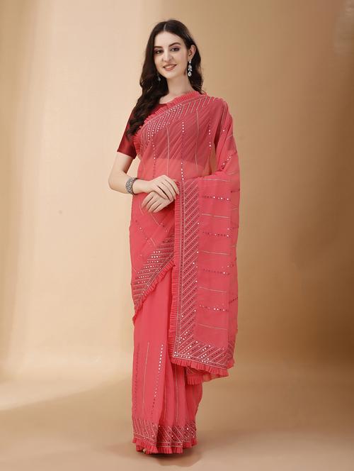 coral pink embroidered saree with blouse - 21144924 -  Standard Image - 0