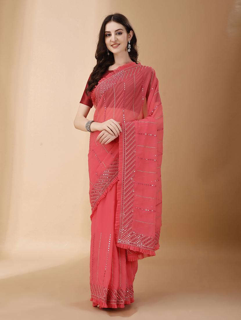 coral pink embroidered saree with blouse - 21144924 -  Zoom Image - 0