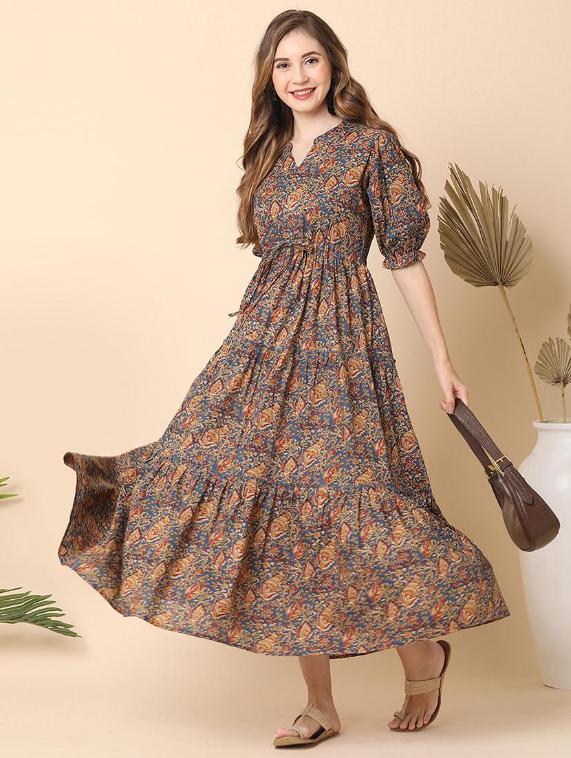 globus women blue all over printed puff sleeves mandarin collar waist tie-up tiered maxi dress - 21144979 - Zoom Image - 0