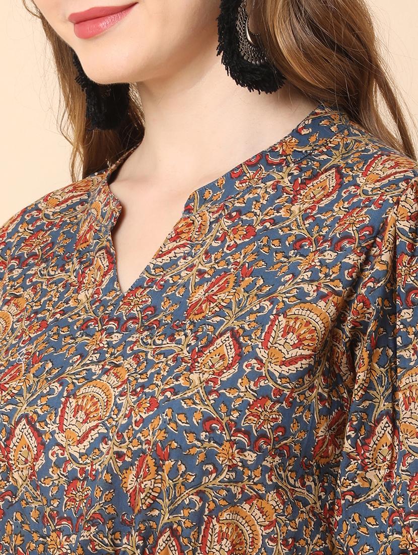 globus women blue all over printed puff sleeves mandarin collar waist tie-up tiered maxi dress - 21144979 - Standard Image - 3