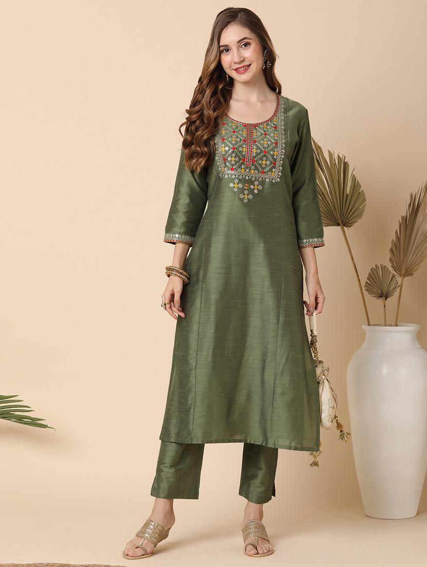 olive art silk kurta pant  set - 21144984 -  Zoom Image - 0