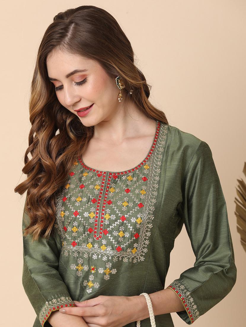 olive art silk kurta pant set - 21144984 - Standard Image - 3