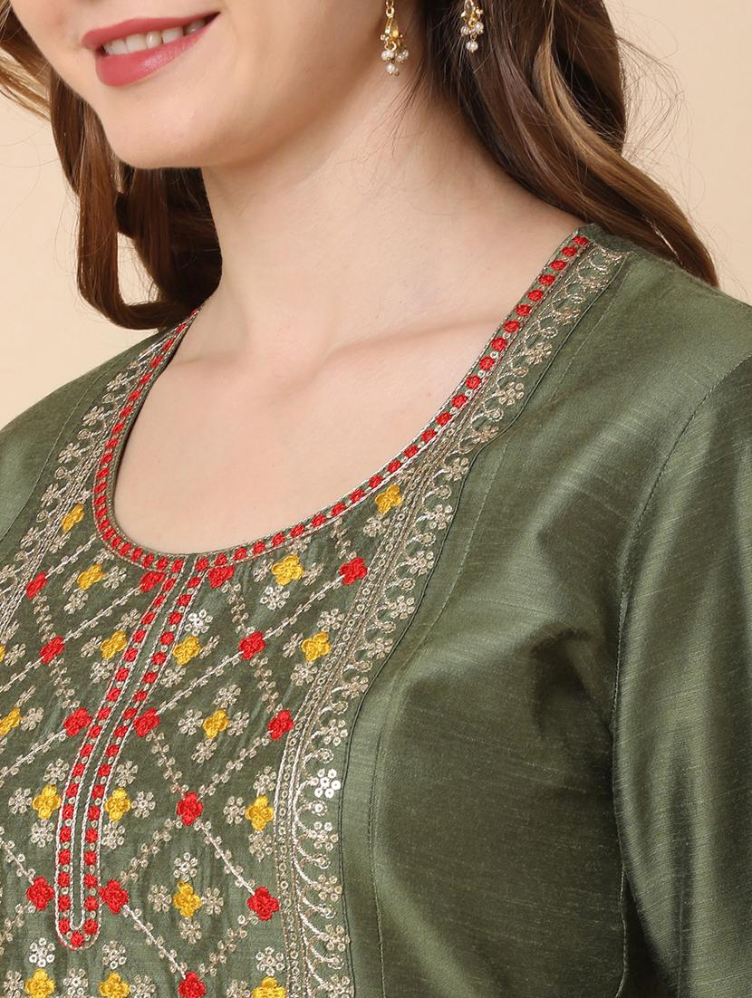 olive art silk kurta pant set - 21144984 - Standard Image - 5