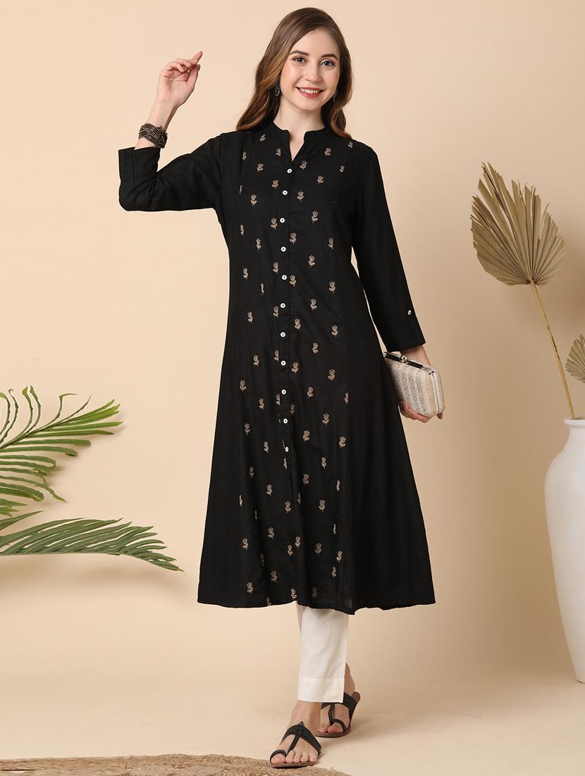 globus women black mandarin collar floral embroidered panelled a-line kurta - 21144990 -  Zoom Image - 0