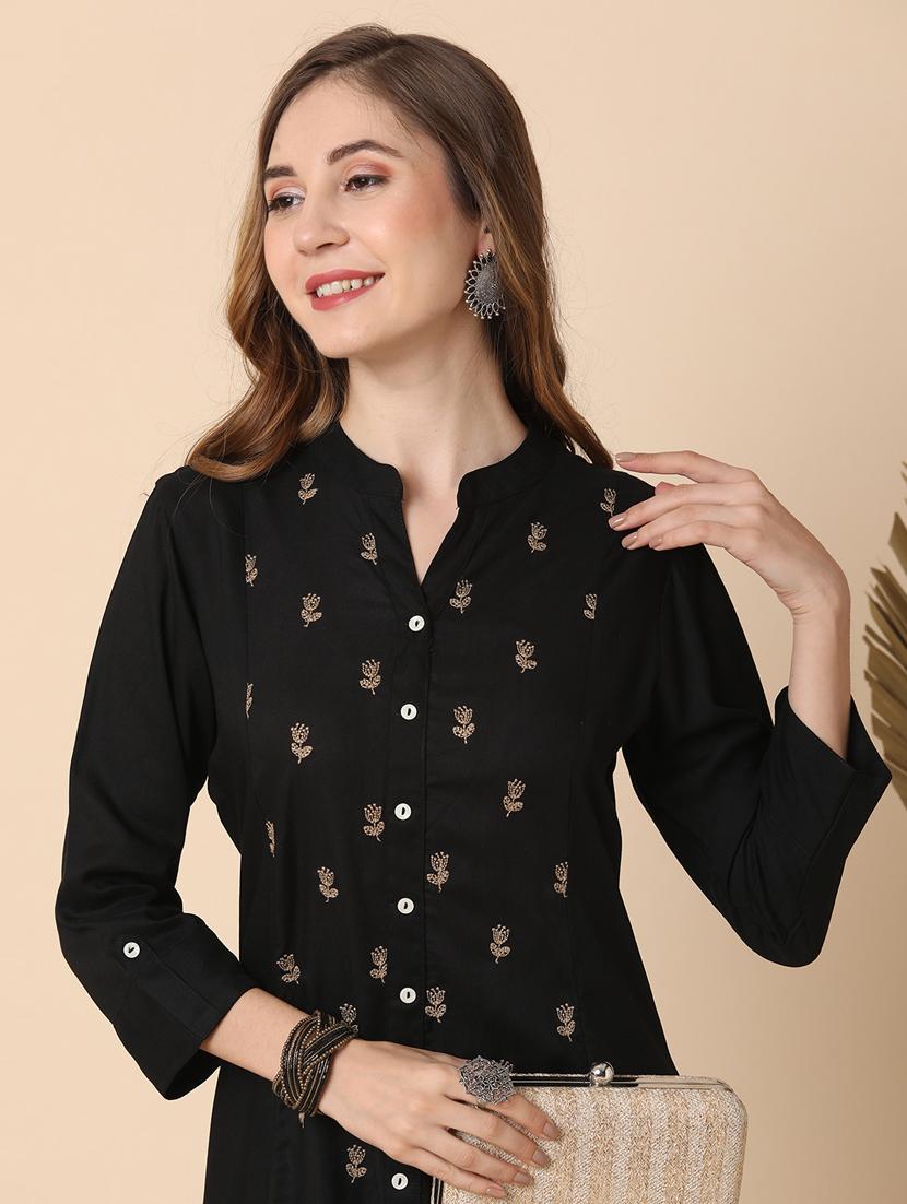 globus women black mandarin collar floral embroidered panelled a-line kurta - 21144990 - Standard Image - 3