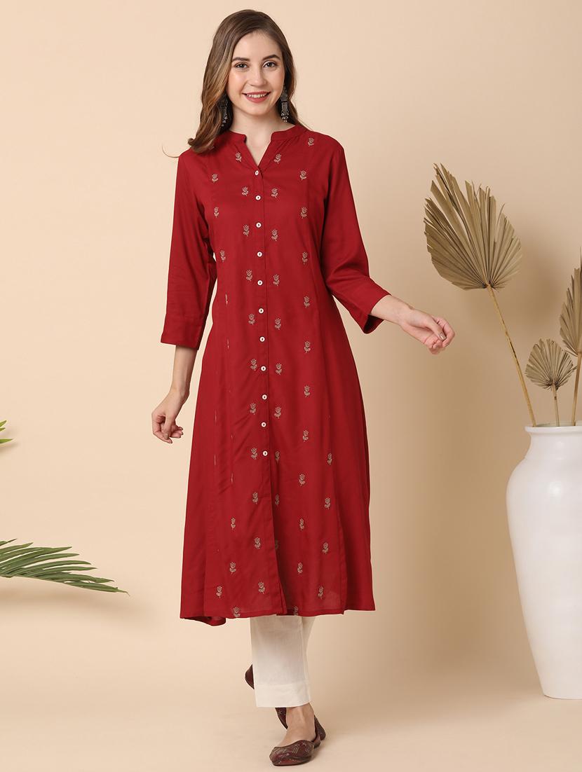 globus women maroon mandarin collar floral embroidered panelled a-line kurta - 21144991 - Zoom Image - 0