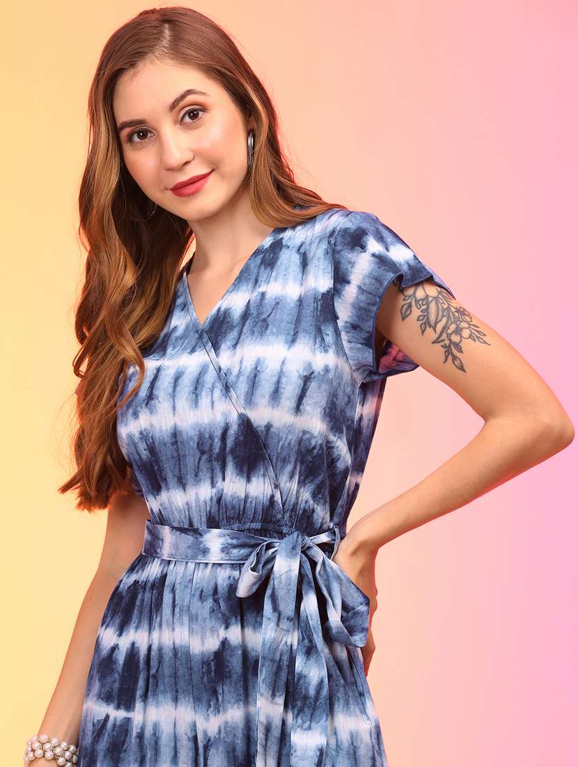 globus women blue tie & dye v-neck wrap waist tie-up jumpsuit - 21145019 -  Standard Image - 3