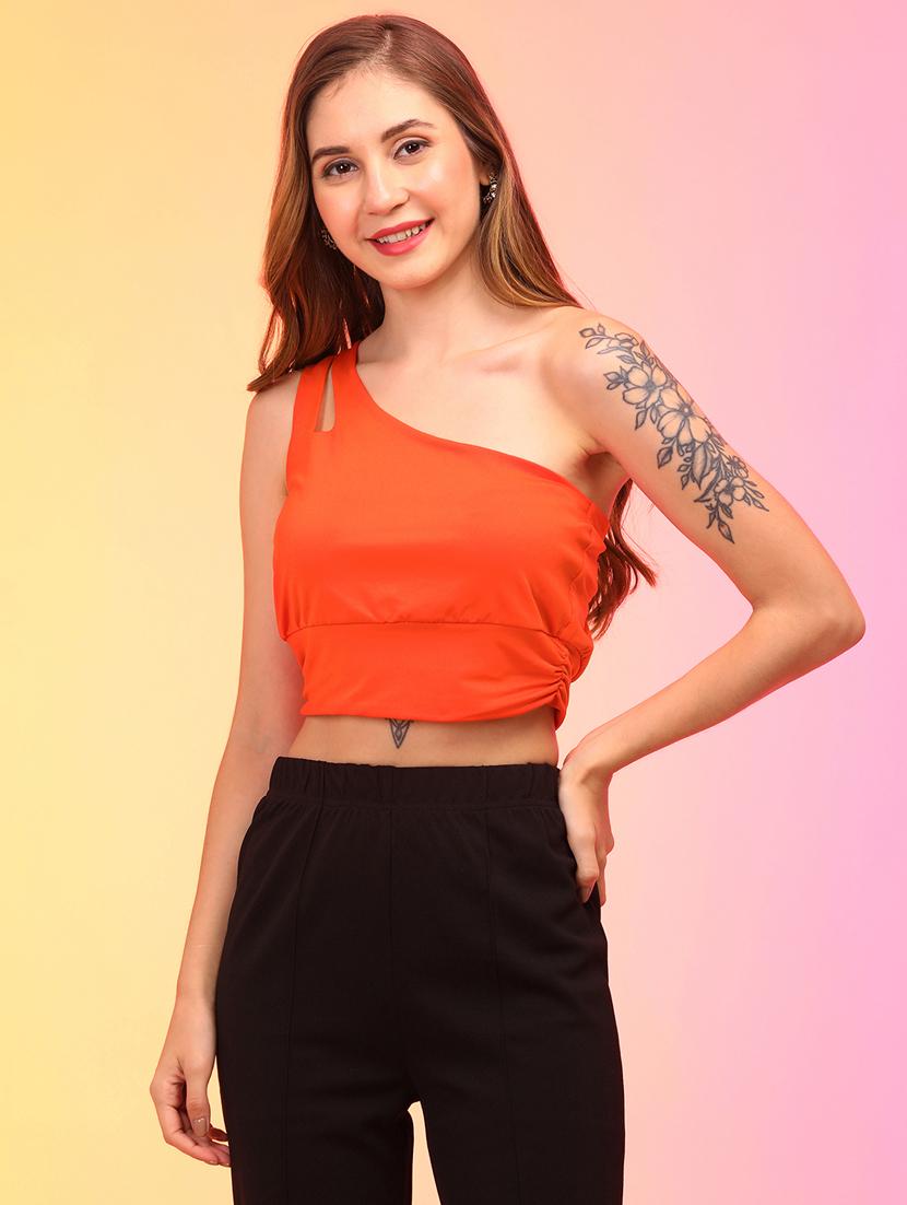 solid orange single shoulder crop top - 21145053 - Zoom Image - 0