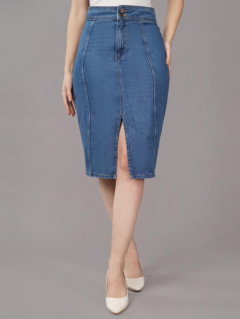 light blue denim pencil skirt