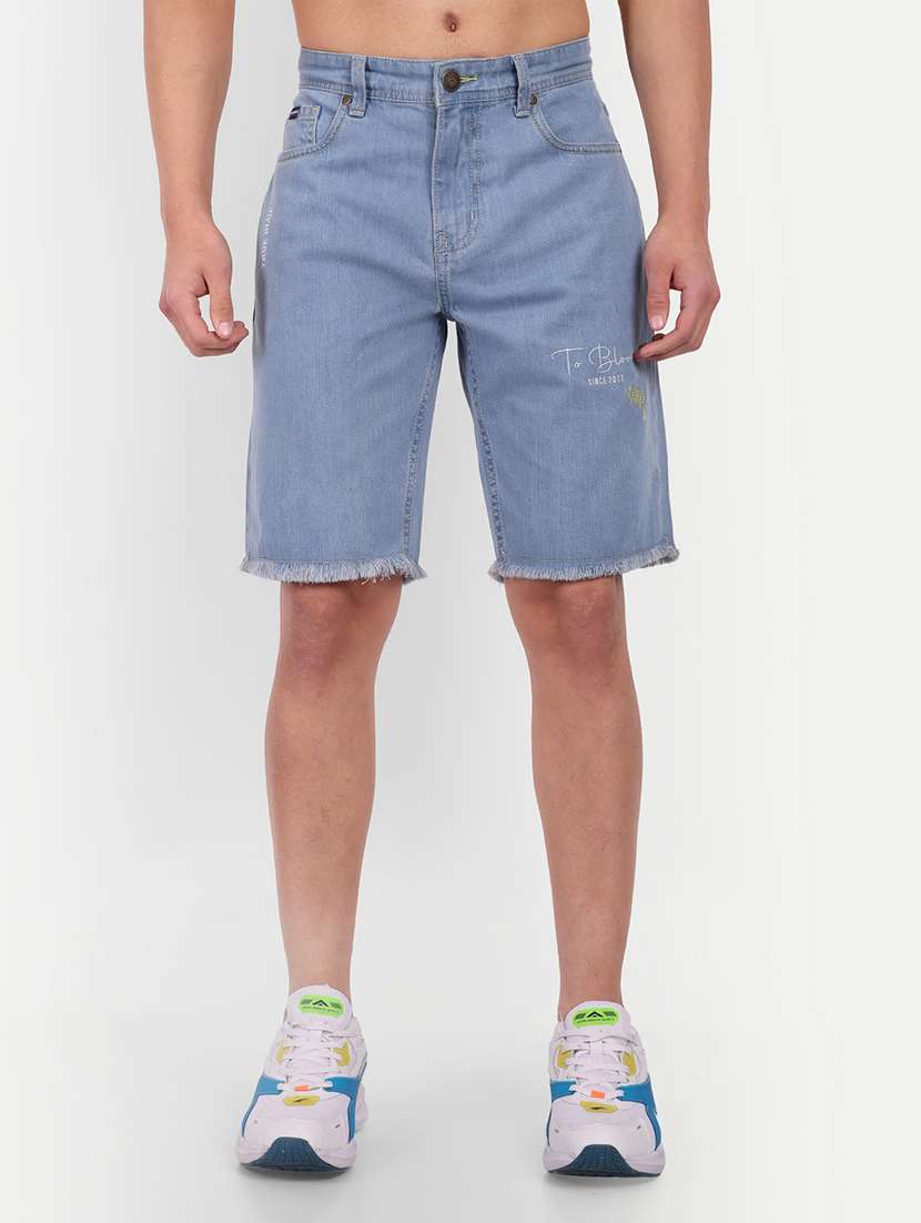 light blue printed denim shorts
