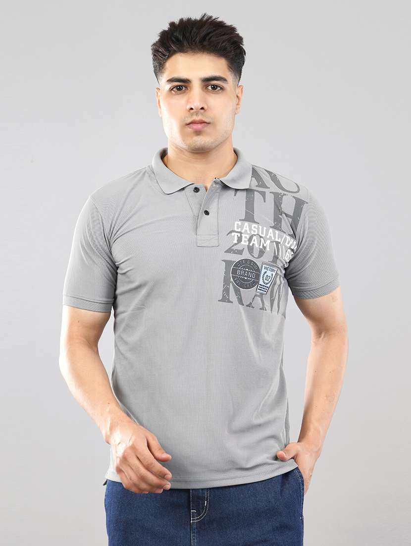 grey placement printed polo t-shirt