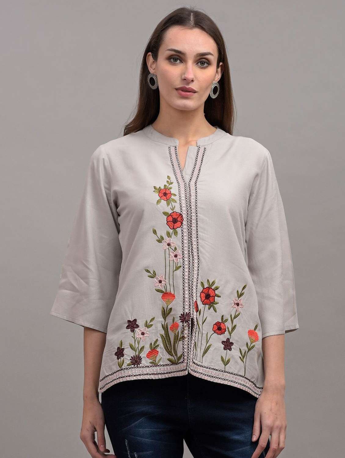 grey embroidered detailed regular top