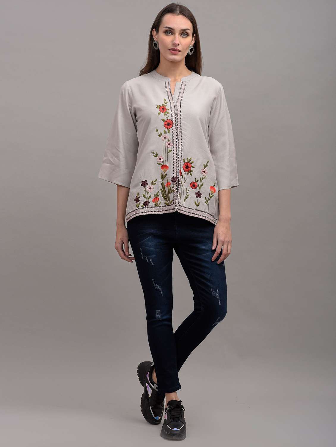 grey embroidered detailed regular top - 21145370 - Standard Image - 3
