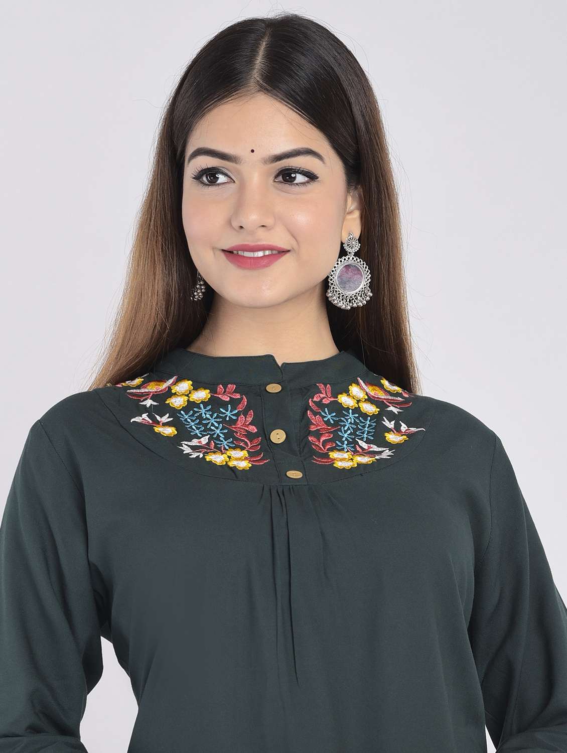 green embroidered detailed regular tunic - 21145381 - Standard Image - 3