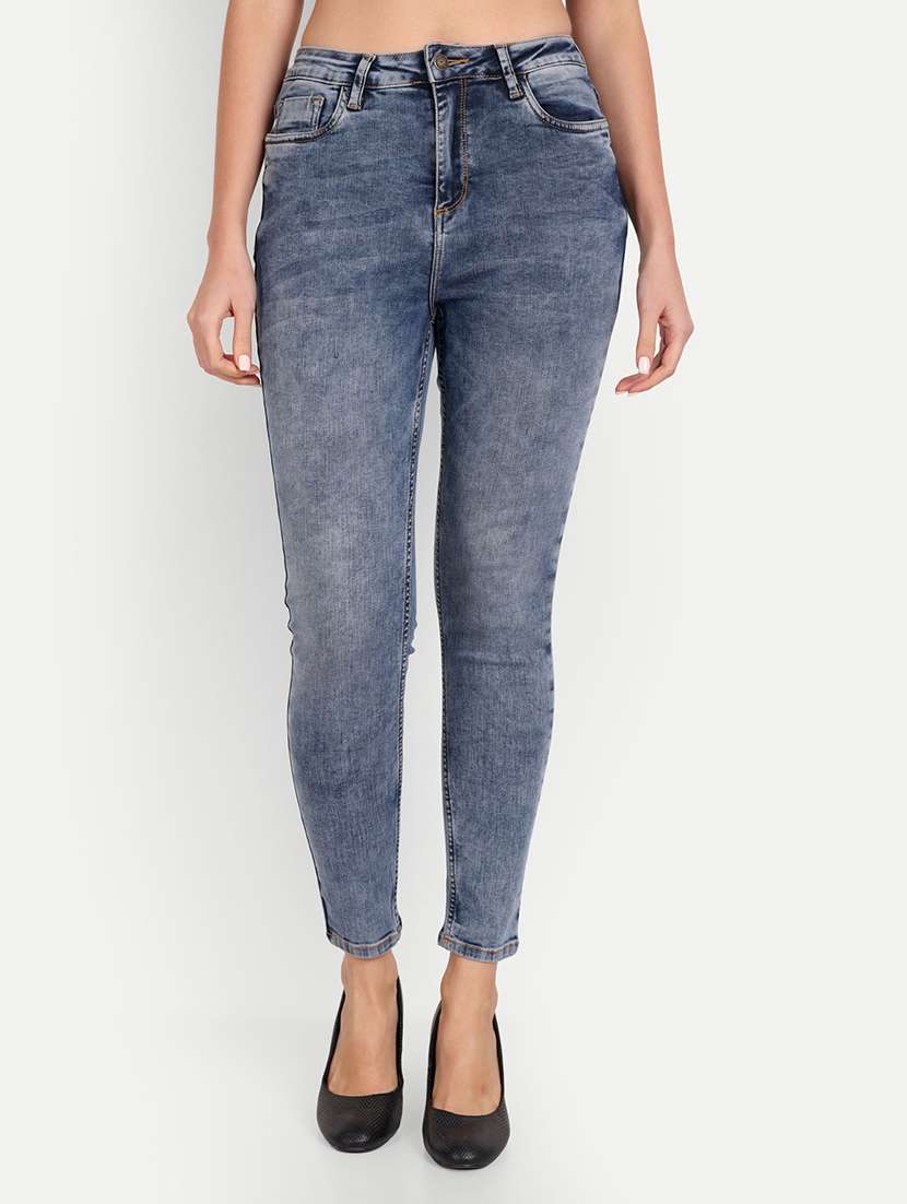 solid blue washed slim fit denim jeans