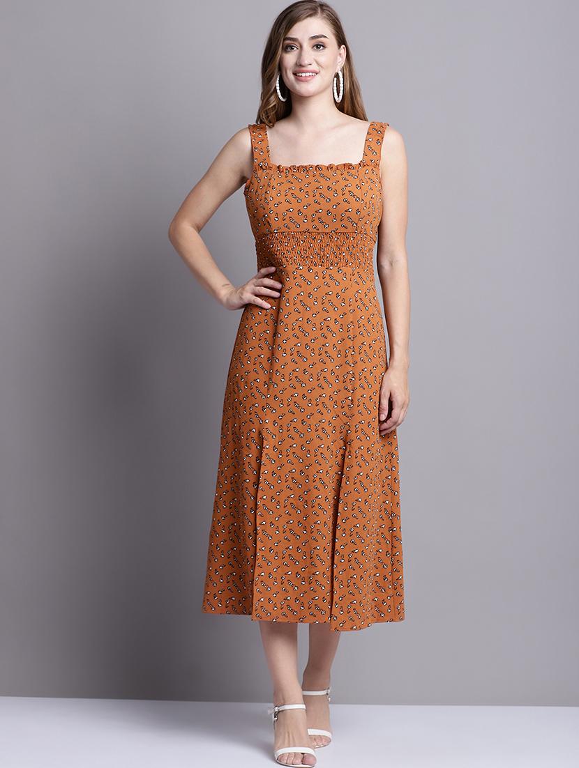 brown printed a-line dress
