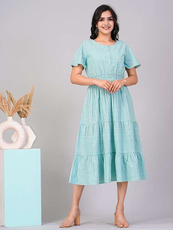 green & white cotton tiered dress