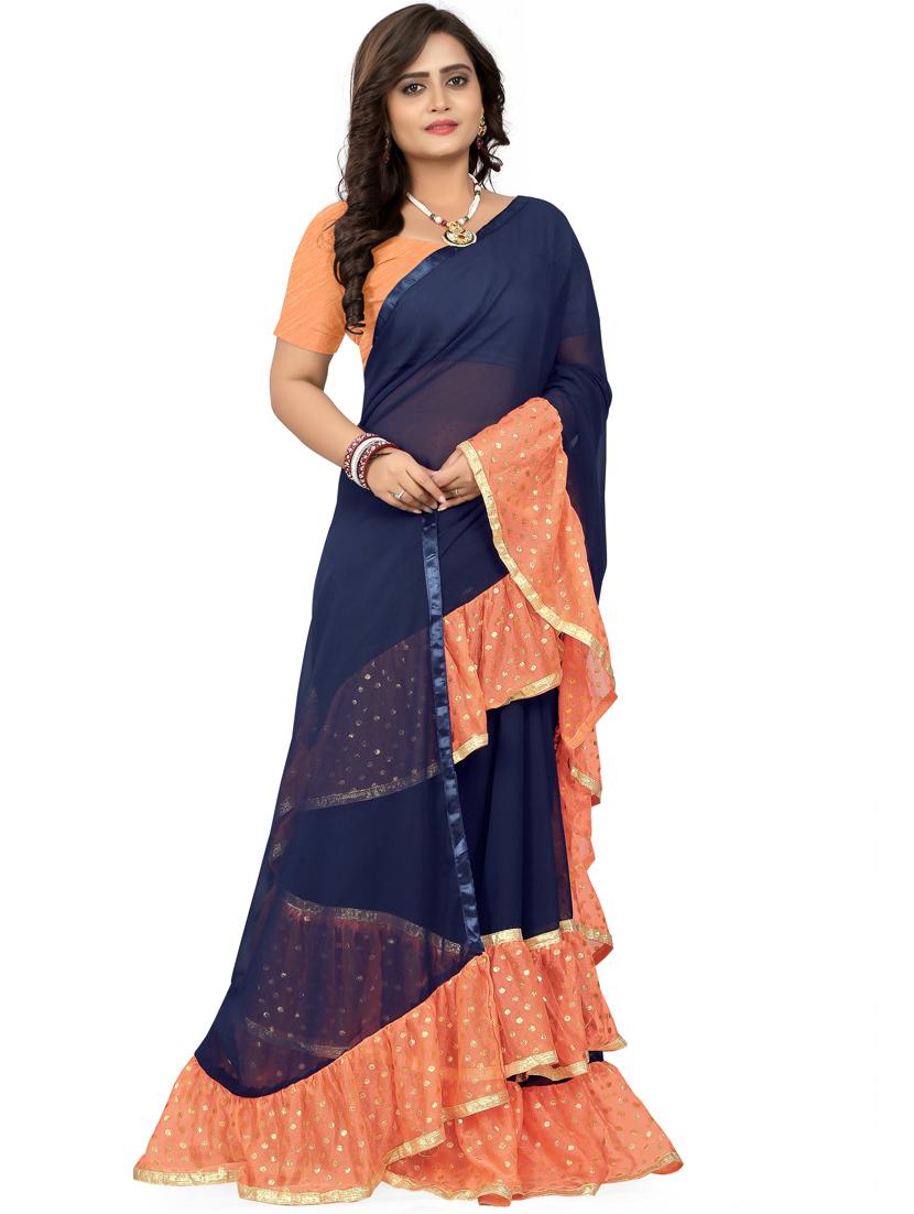 women navy blue solid ruffle saree - 21148623 -  Zoom Image - 0