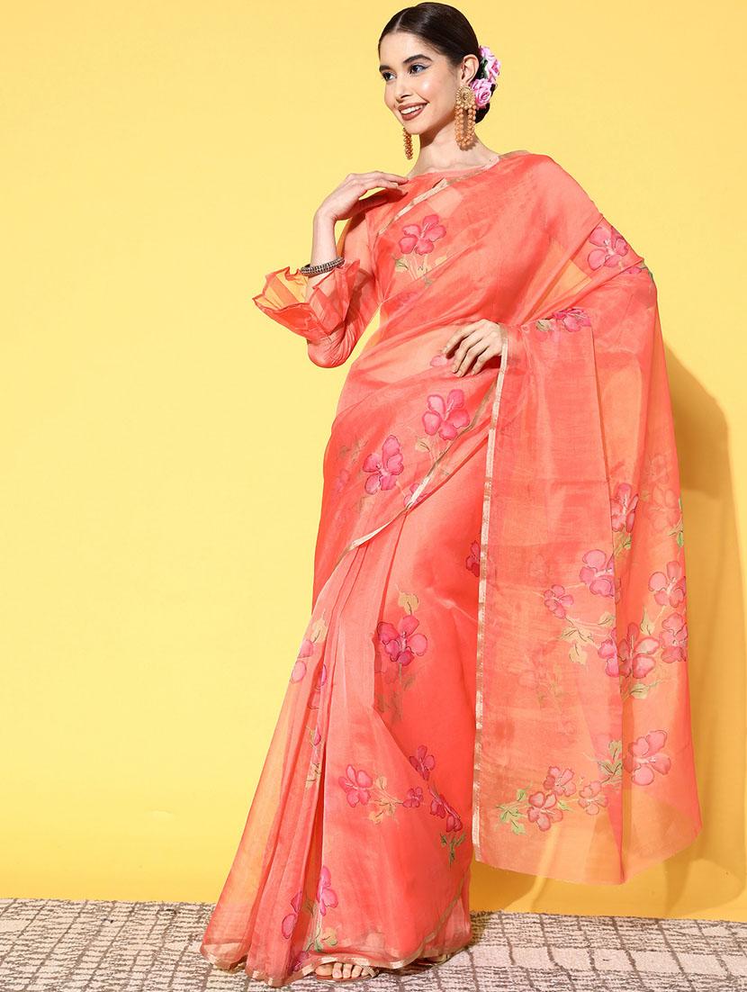 coral printed saree - 21148747 -  Zoom Image - 0