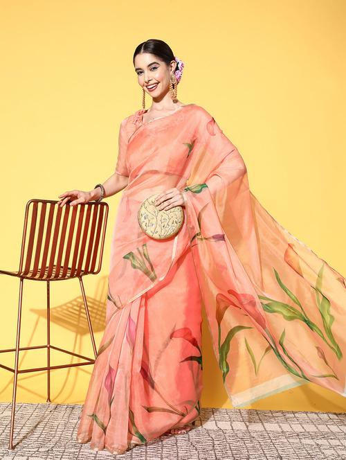peach organza printed saree - 21148750 -  Standard Image - 0