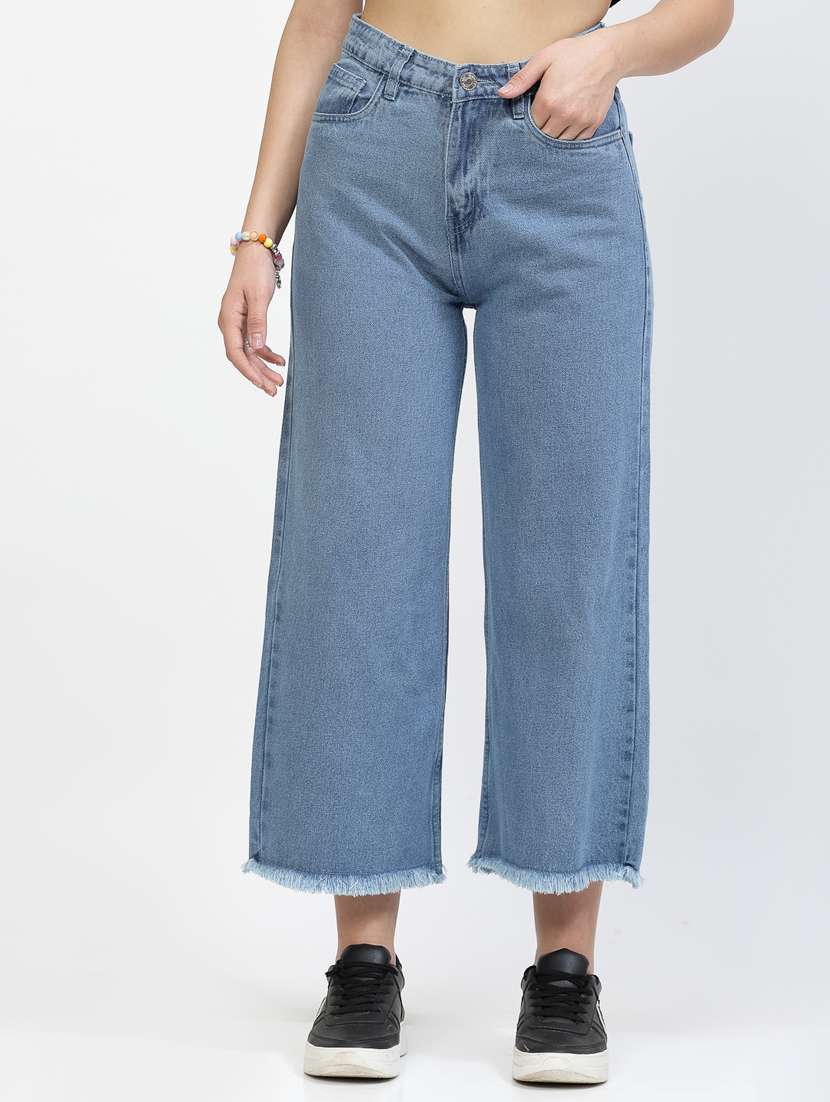women solid wide leg high rise jean