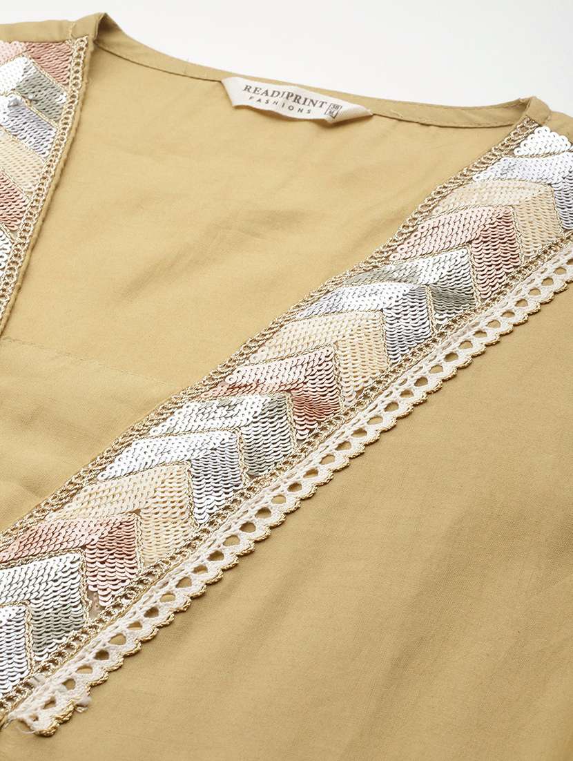 women khaki v neck kurta pant set - 21150565 -  Standard Image - 5