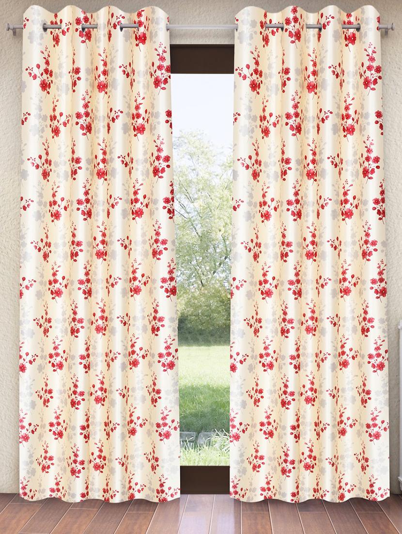 red 2 pieces bloom burst eyelet polyester door curtains 