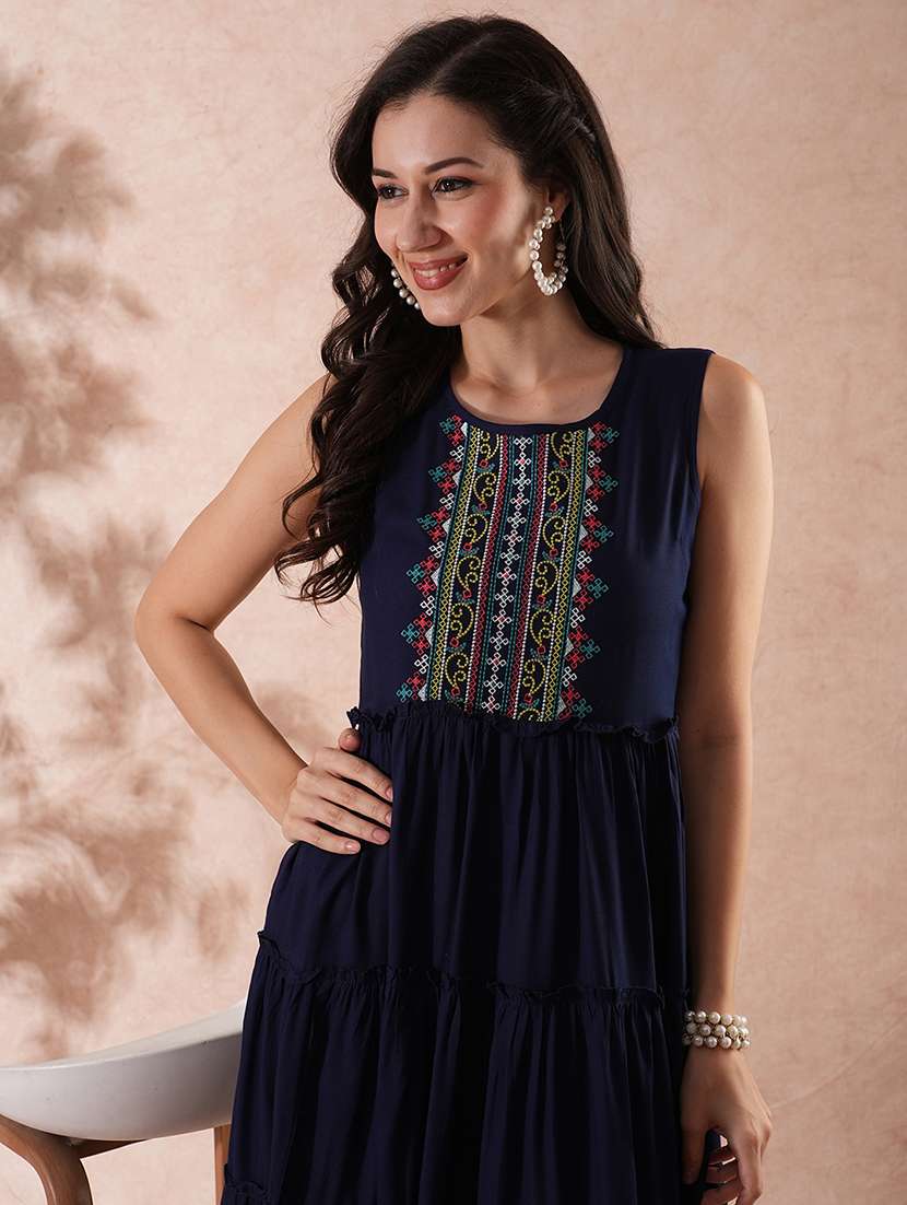 globus women navy embroidered yoke gathered tiered fit & flare maxi dress - 21150661 -  Standard Image - 3