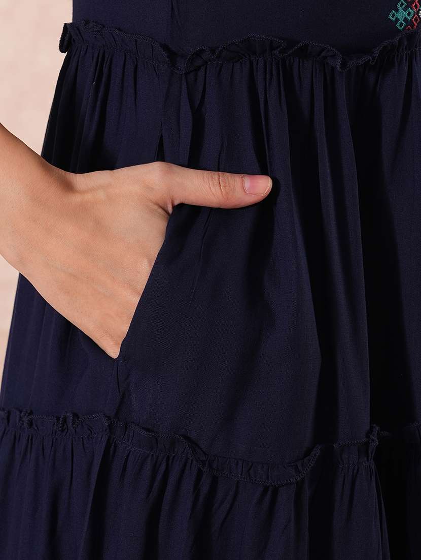 globus women navy embroidered yoke gathered tiered fit & flare maxi dress - 21150661 -  Standard Image - 5