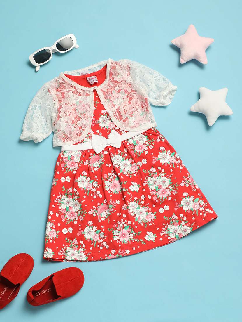 girls red floral printed frock