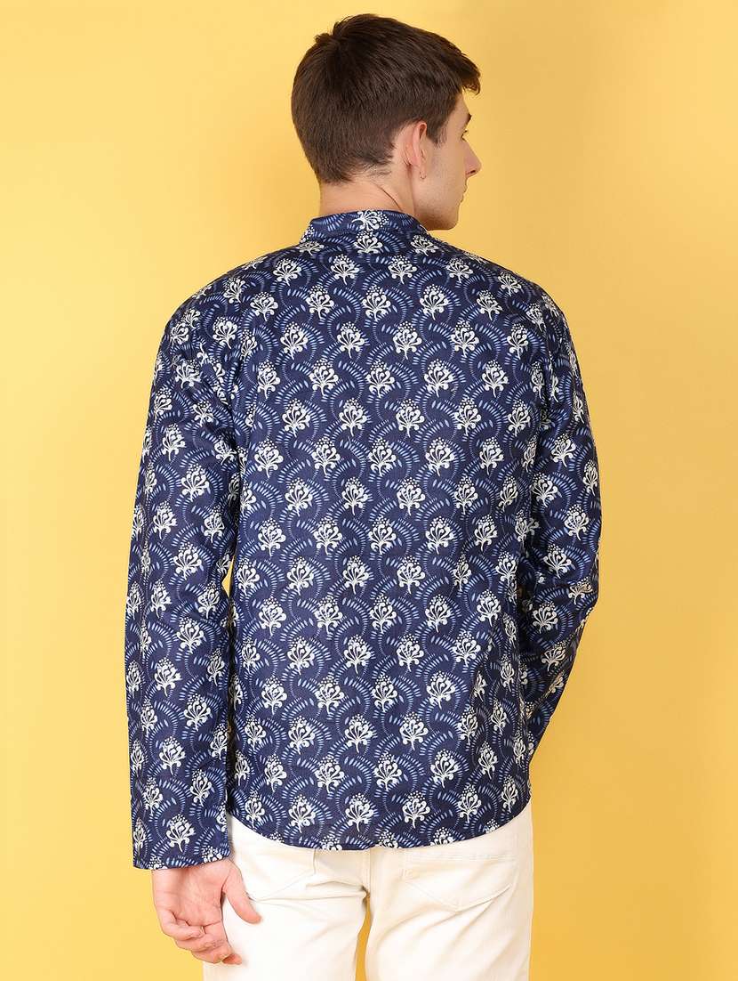 men navy blue printed long sleeves short kurta - 21151803 -  Standard Image - 3