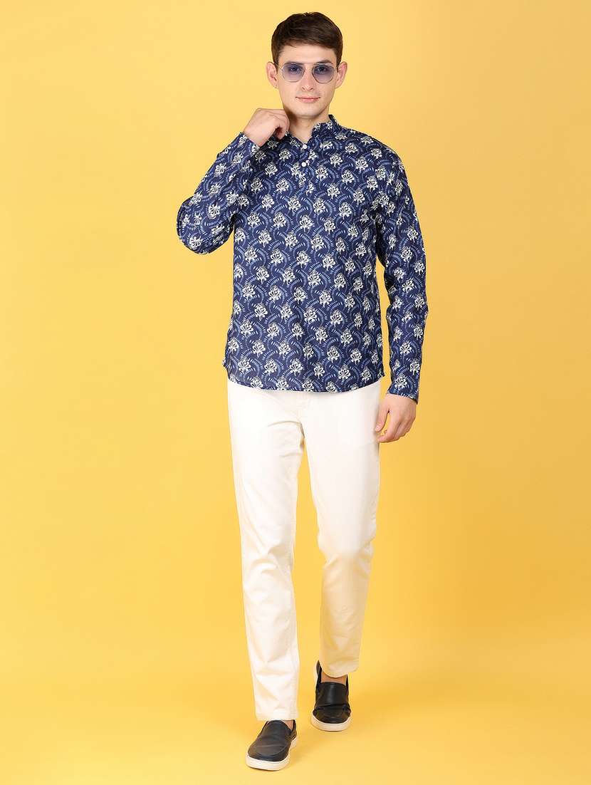 men navy blue printed long sleeves short kurta - 21151803 -  Standard Image - 5