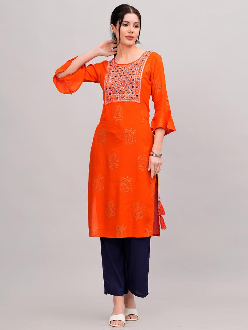 women orange round neck kurta pant set - 21152658 - Zoom Image - 0
