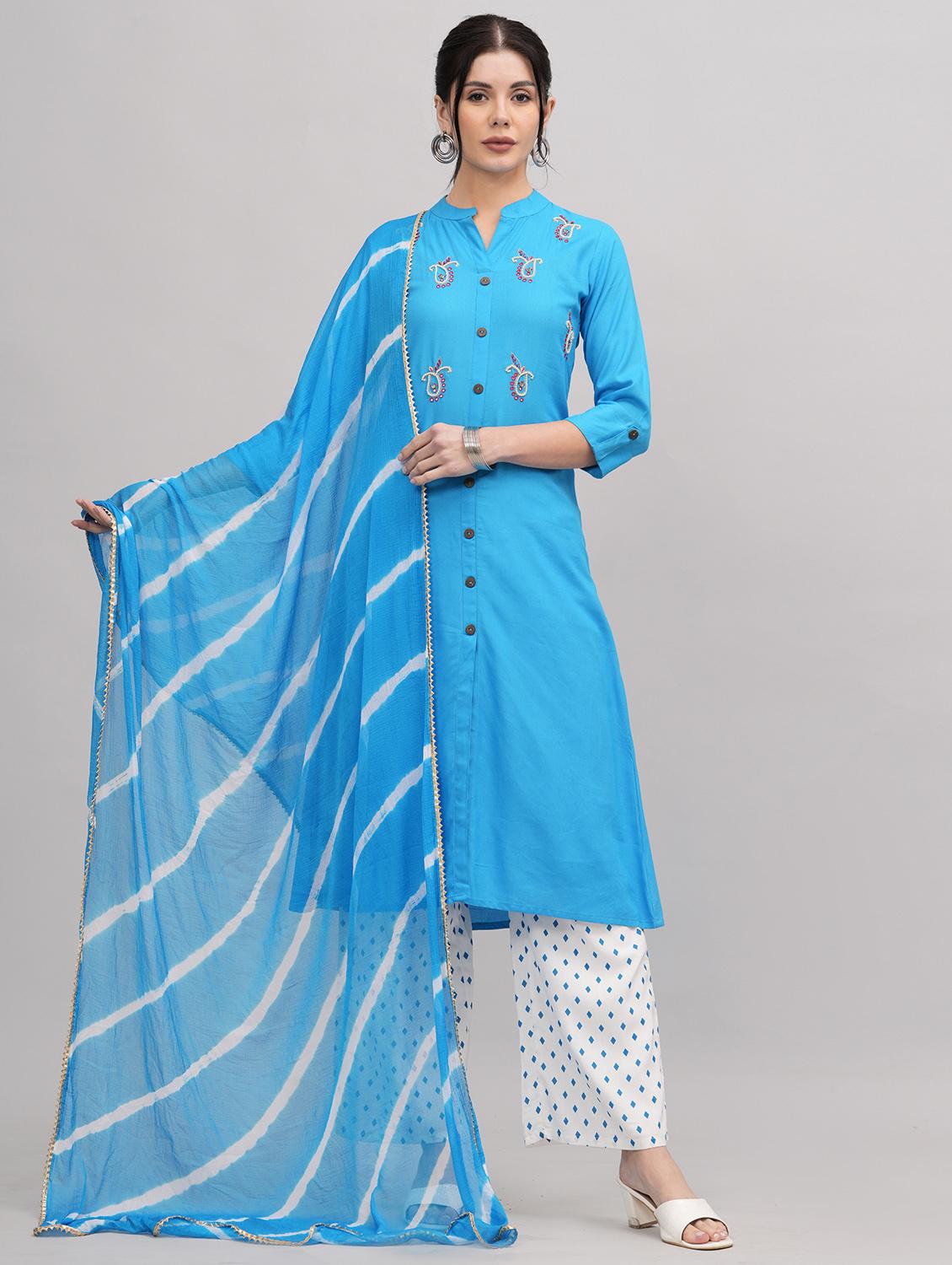 women mandarin neck kurta palazzo set with dupatta - 21152688 - Zoom Image - 0