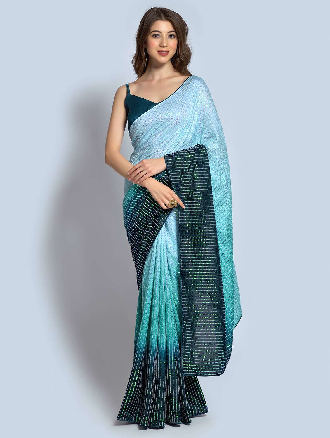 women blue sequin work saree with blouse - 21153440 - Zoom Image - 0