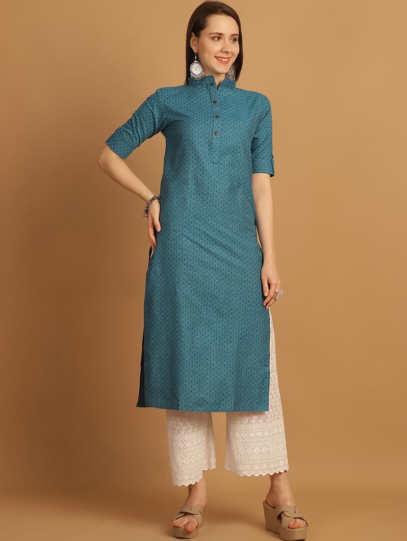 women mandarin neck roll up sleeves straight kurta - 21153500 - Standard Image - 3