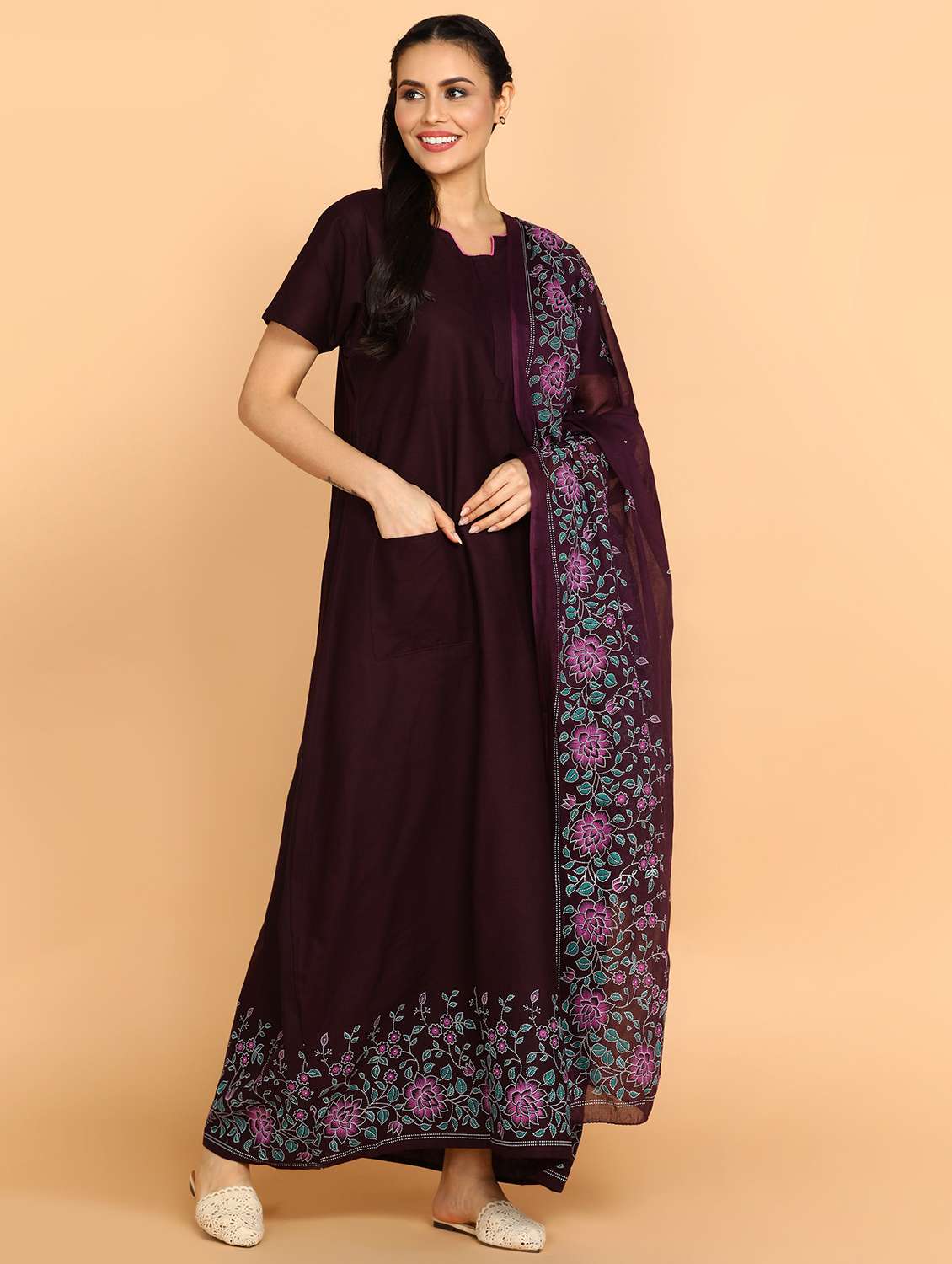 women printed short sleeves nighty with dupatta - 21153684 - Zoom Image - 0